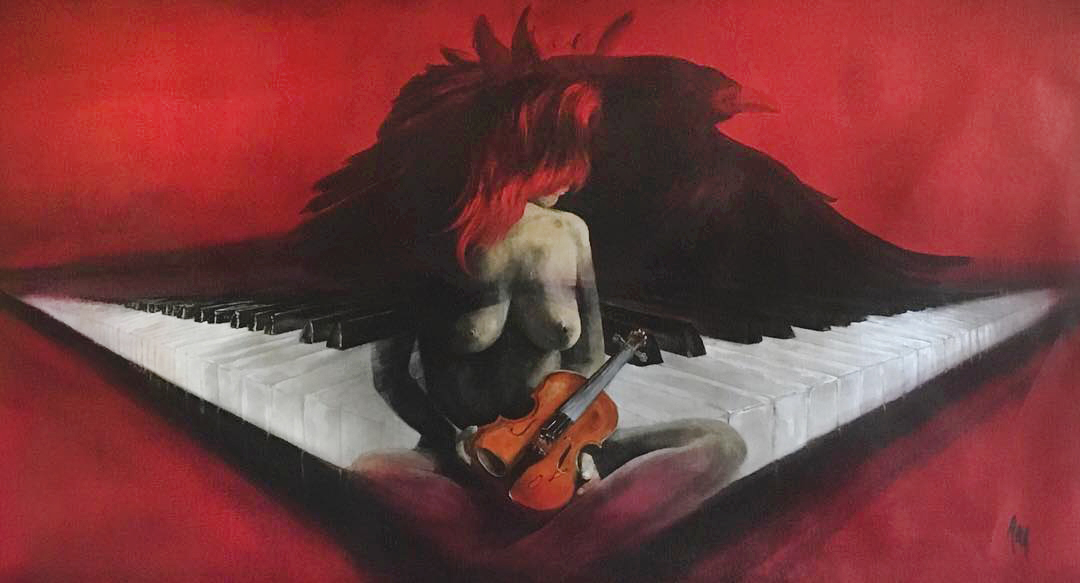 I djupet av passionen - det är där jag finner inspirationen. Mina svarta fåglar som följt mig genom livet - vackra ord, hemska ord - ord. Poesi.Musik - musiken är glädje och är en sorg.Vissa väljer sin passion före, framför att ha barn. Saknaden av barn hos någon som är barnlös - kan den ersättas av det som ligger så djupt rotat? Violen - detta liderliga instrument som jag aldrig skulle klara av att spela - dels för att det inte är där min passion ligger - jag uppskattar det ”bara”.Piano - vacker, låter vacker, jag kan klara av någon liten trudelutt.Rött - ja varför rött - vårt urchakra, vår rot, vårt innersta.När jag besöker mitt mörker och mitt innersta så är detta budskapet jag har, eller nåt. I mörkret hittar jag ljuset.Jag älskar att måla, jag älskar att dansa, jag älskar musik. Passion, lidelse.